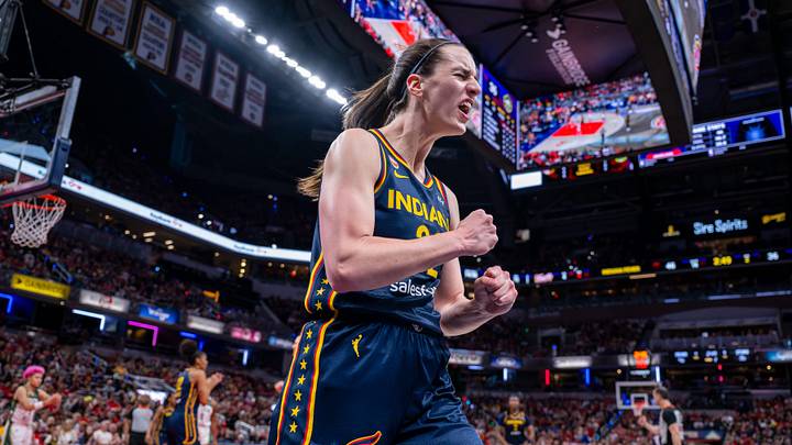 Indiana Fever guard Caitlin Clark (22) reacts after being fouled on a play while scoring during the first half of an WNBA basketball game against the Seattle Storm, Sunday, May 17, 2026, at Gainbridge Fieldhouse.