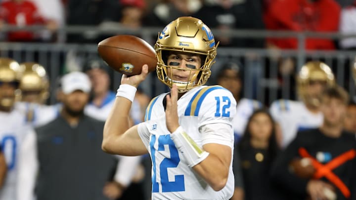 Nov 15, 2025; Columbus, Ohio, USA; UCLA Bruins quarterback Luke Duncan (12) drops back to throw during the first quarter against the Ohio State Buckeyes at Ohio Stadium. Mandatory Credit: Joseph Maiorana-Imagn Images Nov 15, 2025; Columbus, Ohio, USA; UCLA Bruins quarterback Luke Duncan (12) drops back to throw during the first quarter against the Ohio State Buckeyes at Ohio Stadium. Mandatory Credit: Joseph Maiorana-Imagn Images