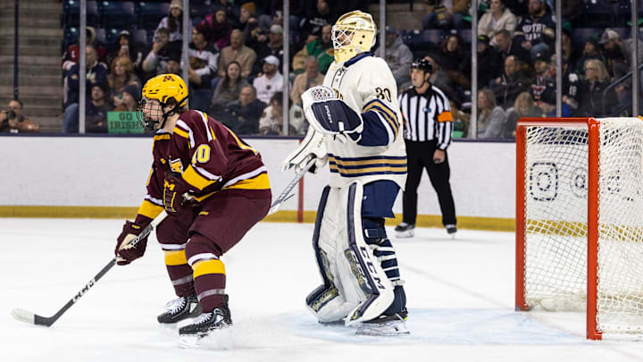 Minnesota forward Connor Kurth (10) sets screen in front of Notre Dame s Ryan Bischel (30) during the Minnesota-Notre Dame NCAA hockey game on Saturday, January 14, 2023, at Compton Family Ice Arena in South Bend, Indiana.
Minnesota Vs Notre Dame Minnesota forward Connor Kurth (10) sets screen in front of Notre Dame s Ryan Bischel (30) during the Minnesota-Notre Dame NCAA hockey game on Saturday, January 14, 2023, at Compton Family Ice Arena in South Bend, Indiana.
Minnesota Vs Notre Dame