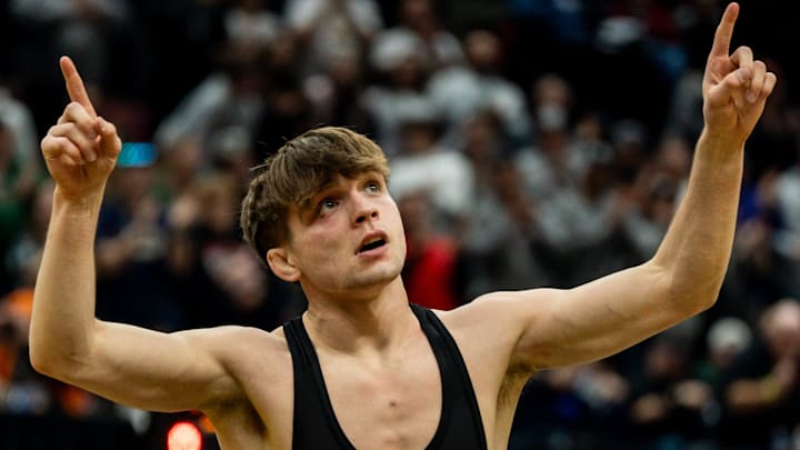 Marcus Blaze celebrates a win at the 2025 Ohio State Wrestling Championships. The Perrysburg, Ohio, native will be a freshman at Penn State this fall.