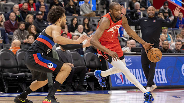 Jan 23, 2026; Detroit, Michigan, USA; Detroit Pistons guard Cade Cunningham (2) defends against Houston Rockets forward Kevin Durant (7) during the first half at Little Caesars Arena. Mandatory Credit: David Reginek-Imagn Images Jan 23, 2026; Detroit, Michigan, USA; Detroit Pistons guard Cade Cunningham (2) defends against Houston Rockets forward Kevin Durant (7) during the first half at Little Caesars Arena. Mandatory Credit: David Reginek-Imagn Images