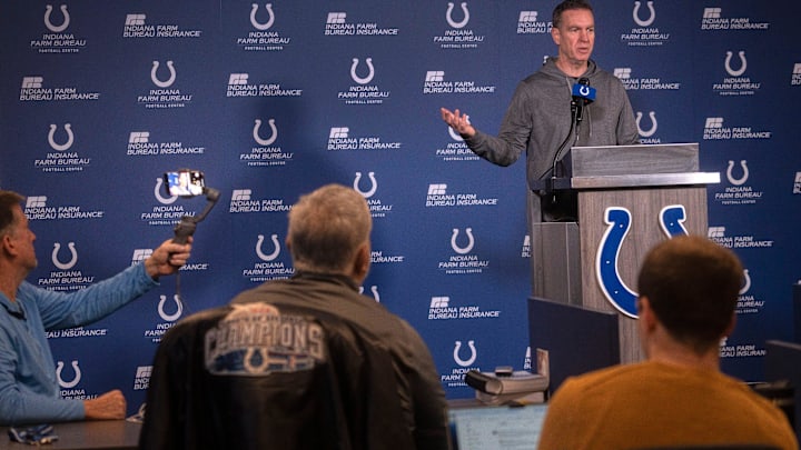 New Indianapolis Colts Defensive Coordinator Lou Anarumo speaks during a press conference Thursday, Jan. 23, 2025 at the Colts practice facility, the Indiana Farm Bureau Football Center.