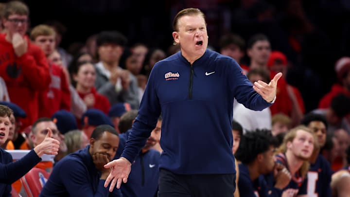 Dec 9, 2025; Columbus, Ohio, USA; Illinois Fighting Illini head coach Brad Underwood reacts to a call during the first half against the Ohio State Buckeyes Value City Arena. Mandatory Credit: Joseph Maiorana-Imagn Images