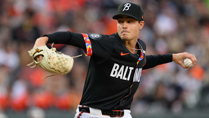 Apr 18, 2025; Baltimore, Maryland, USA; Baltimore Orioles pitcher Cade Povich (37) throws a pitch during the first inning against the Cincinnati Reds at Oriole Park at Camden Yards. 