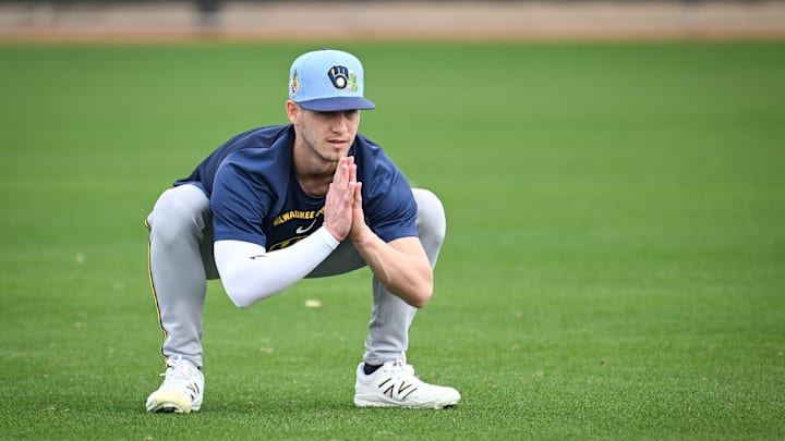 Milwaukee Brewers pitcher Coleman Crow (72) stretches during spring training workouts Monday, February 16, 2026, at American Family Fields of Phoenix in Phoenix, Arizona. Milwaukee Brewers pitcher Coleman Crow (72) stretches during spring training workouts Monday, February 16, 2026, at American Family Fields of Phoenix in Phoenix, Arizona.