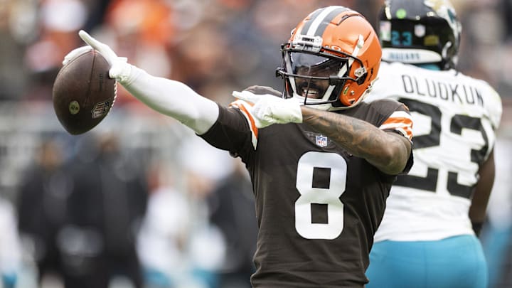 Dec 10, 2023; Cleveland, Ohio, USA; Cleveland Browns wide receiver Elijah Moore (8) celebrates his first down run against the Jacksonville Jaguars during the second quarter at Cleveland Browns Stadium. 
