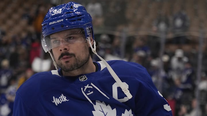 Mar 12, 2026; Toronto, Ontario, CAN; Toronto Maple Leafs forward Auston Matthews (34) skates during warm up before a game against the Anaheim Ducks at Scotiabank Arena. Mandatory Credit: John E. Sokolowski-Imagn Images Mar 12, 2026; Toronto, Ontario, CAN; Toronto Maple Leafs forward Auston Matthews (34) skates during warm up before a game against the Anaheim Ducks at Scotiabank Arena. Mandatory Credit: John E. Sokolowski-Imagn Images