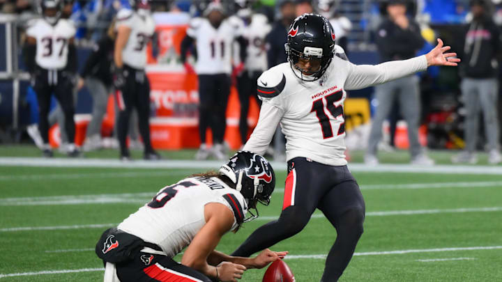 Oct 20, 2025; Seattle, Washington, USA; Houston Texans place kicker Ka'imi Fairbairn (15) makes a field goal during the second quarter against the Seattle Seahawks at Lumen Field. Mandatory Credit: Steven Bisig-Imagn Images