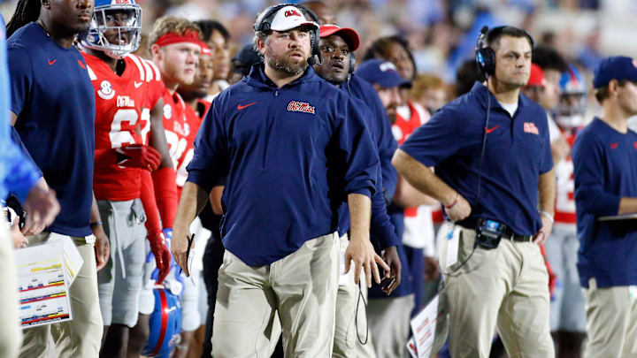 Oct 28, 2023; Oxford, Mississippi, USA; Mississippi Rebels defensive coorinator Pete Golding watches from the sidelines during the first half against the Vanderbilt Commodores at Vaught-Hemingway Stadium. Mandatory Credit: Petre Thomas-Imagn Images Oct 28, 2023; Oxford, Mississippi, USA; Mississippi Rebels defensive coorinator Pete Golding watches from the sidelines during the first half against the Vanderbilt Commodores at Vaught-Hemingway Stadium. Mandatory Credit: Petre Thomas-Imagn Images