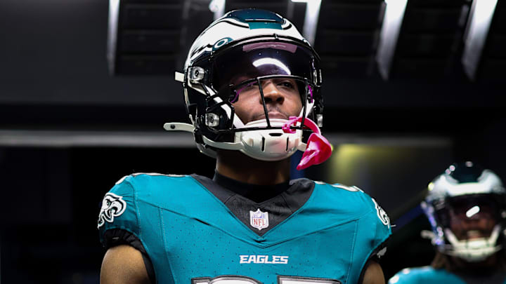 Dec 8, 2024; Philadelphia, Pennsylvania, USA;  Philadelphia Eagles cornerback Quinyon Mitchell (27) walks out of the tunnel for action against the Carolina Panthers at Lincoln Financial Field. Mandatory Credit: Bill Streicher-Imagn Images