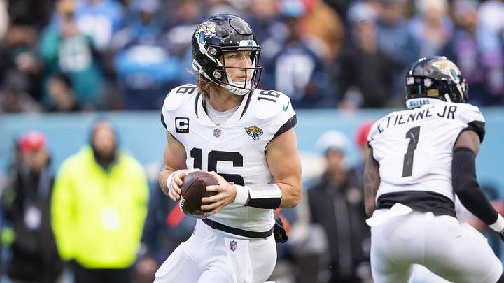 Jan 7, 2024; Nashville, Tennessee, USA; Jacksonville Jaguars quarterback Trevor Lawrence (16) stands in the pocket against the Tennessee Titans during the first half at Nissan Stadium. Jan 7, 2024; Nashville, Tennessee, USA; Jacksonville Jaguars quarterback Trevor Lawrence (16) stands in the pocket against the Tennessee Titans during the first half at Nissan Stadium.