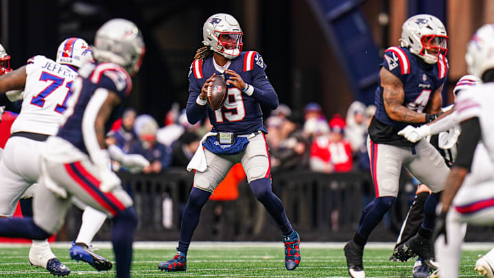New England Patriots quarterback Joe Milton III throws a pass against the Buffalo Bills.