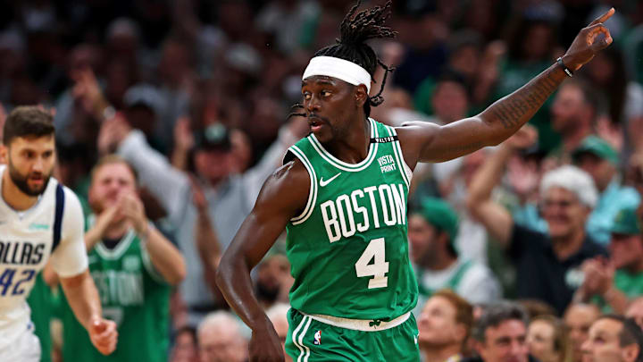 Jun 17, 2024; Boston, Massachusetts, USA; Boston Celtics guard Jrue Holiday (4) celebrates after making a thee pointer against the Dallas Mavericks in game five of the 2024 NBA Finals at TD Garden. Mandatory Credit: Peter Casey-Imagn Images