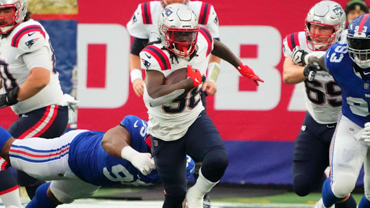Nov 26, 2023; East Rutherford, New Jersey, USA; New England Patriots running back Rhamondre