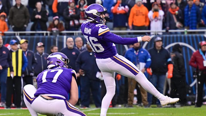 Nov 24, 2024; Chicago, Illinois, USA; Minnesota Vikings kicker John Parker Romo (96) watches his successful game winning field goal against the Chicago Bears during overtime at Soldier Field.