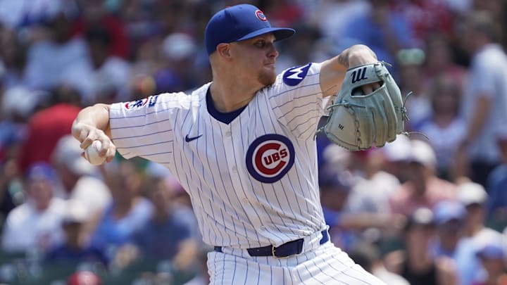 Aug 6, 2025; Chicago, Illinois, USA; Chicago Cubs pitcher Cade Horton (22) throws the ball against the Cincinnati Reds during the first inning at Wrigley Field. Aug 6, 2025; Chicago, Illinois, USA; Chicago Cubs pitcher Cade Horton (22) throws the ball against the Cincinnati Reds during the first inning at Wrigley Field.