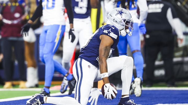 Dallas Cowboys wide receiver Ryan Flournoy celebrates after catching a touchdown pass against the Los Angeles Chargers 