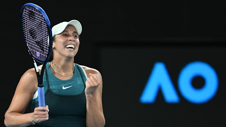 Madison Keys of the USA celebrates match point during her Women's semifinal win over Iga Swiatek of Poland during the 2025 Australian Open at Melbourne Park in Melbourne, Thursday, January 23, 2025. 