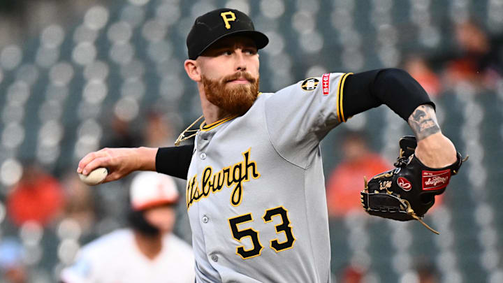 Sep 9, 2025; Baltimore, Maryland, USA;  Pittsburgh Pirates pitcher Mike Burrows (53) delivers a pitch during the first inning against the Baltimore Orioles at Oriole Park at Camden Yards. Mandatory Credit: James A. Pittman-Imagn Images