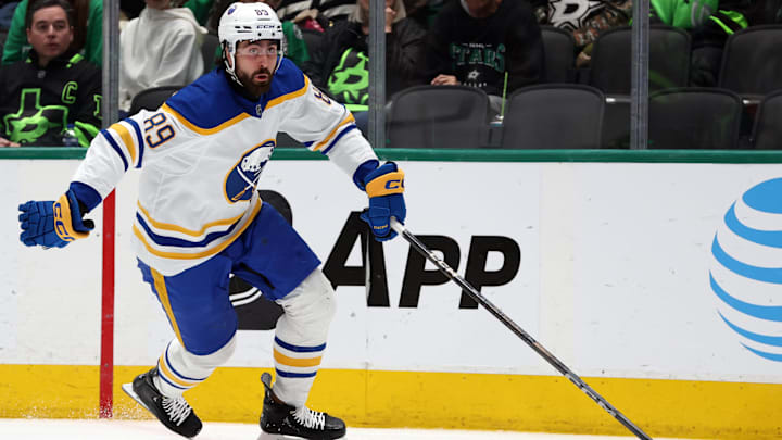 Dec 31, 2024; Dallas, Texas, USA; Buffalo Sabres right wing Alex Tuch (89) skates with the puck against the Dallas Stars during the first period at American Airlines Center. Mandatory Credit: Tim Heitman-Imagn Images