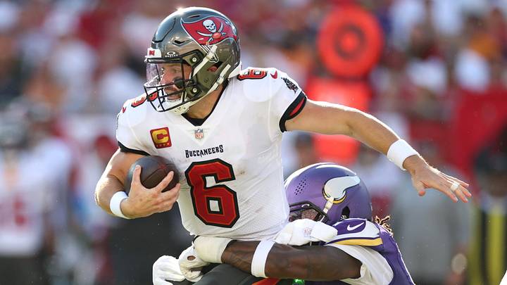 Sep 27, 2026; Tampa, Florida, USA; Minnesota Vikings linebacker Dallas Turner (15) sacks Tampa Bay Buccaneers quarterback Baker Mayfield (6) during the second quarter at Raymond James Stadium. Mandatory Credit: Matt Pendleton-Imagn Images Sep 27, 2026; Tampa, Florida, USA; Minnesota Vikings linebacker Dallas Turner (15) sacks Tampa Bay Buccaneers quarterback Baker Mayfield (6) during the second quarter at Raymond James Stadium. Mandatory Credit: Matt Pendleton-Imagn Images