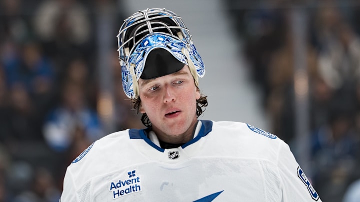Mar 19, 2026; Vancouver, British Columbia, CAN; Tampa Bay Lightning goalie Andrei Vasilevskiy (88) during a stop in play against the Vancouver Canucks in the second period at Rogers Arena. Mandatory Credit: Bob Frid-Imagn Images