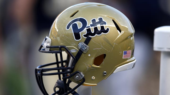 Oct 25, 2014; Pittsburgh, PA, USA; Detail view of the revamped logo on a Pittsburgh Panthers helmet as it sits on the sidelines against the Georgia Tech Yellow Jackets during the third quarter at Heinz Field. Georgia Tech won 56-28. Mandatory Credit: Charles LeClaire-Imagn Images