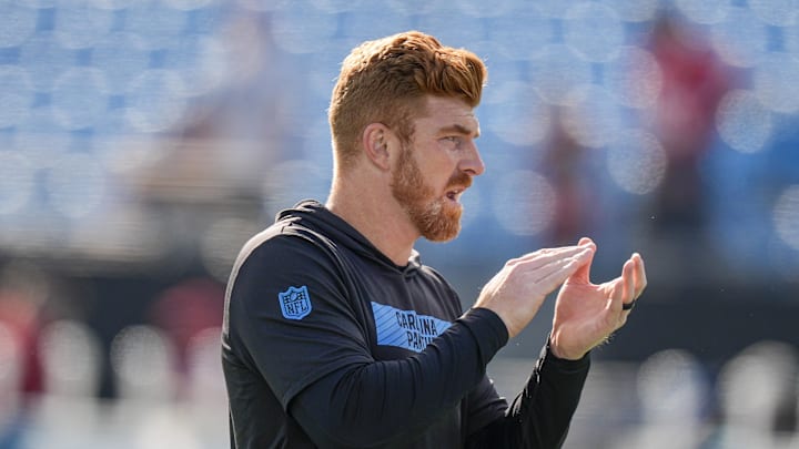Nov 24, 2024; Charlotte, North Carolina, USA;  Carolina Panthers quarterback Andy Dalton (14) during pregame warmups against the Kansas City Chiefs at Bank of America Stadium. Mandatory Credit: Jim Dedmon-Imagn Images
