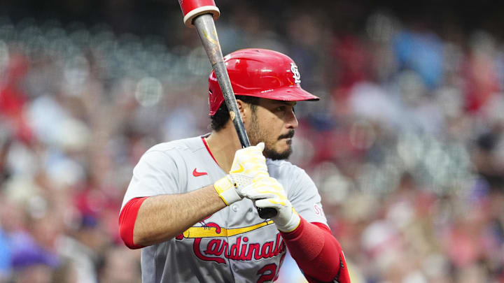 Jul 22, 2025; Denver, Colorado, USA; St. Louis Cardinals third baseman Nolan Arenado (28) on deck in the first inning against the Colorado Rockies at Coors Field. Mandatory Credit: Ron Chenoy-Imagn Images