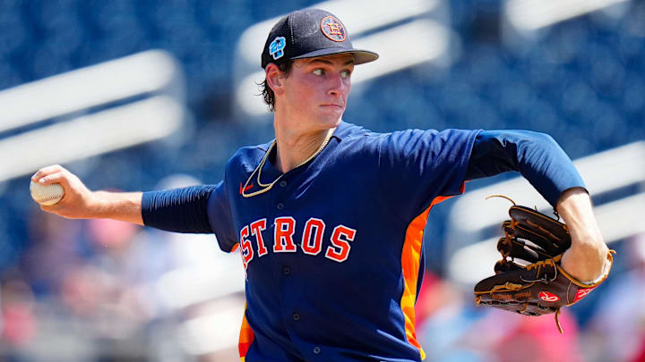 Mar 11, 2023; West Palm Beach, Florida, USA; Houston Astros starting pitcher Forrest Whitley (60) throws a pitch against the St. Louis Cardinals during the first inning at The Ballpark of the Palm Beaches Mar 11, 2023; West Palm Beach, Florida, USA; Houston Astros starting pitcher Forrest Whitley (60) throws a pitch against the St. Louis Cardinals during the first inning at The Ballpark of the Palm Beaches