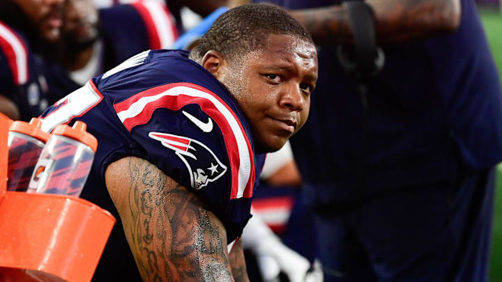 Sep 10, 2023; Foxborough, Massachusetts, USA; New England Patriots offensive tackle Trent Brown (77)