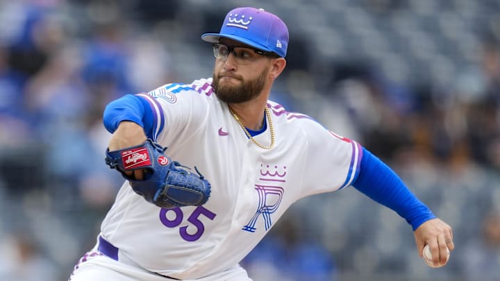 Apr 12, 2026; Kansas City, Missouri, USA; Kansas City Royals pitcher Noah Cameron (65) pitches during the first inning against the Chicago White Sox at Kauffman Stadium. Mandatory Credit: Jay Biggerstaff-Imagn Images
