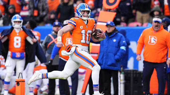 Jan 5, 2025; Denver, Colorado, USA; Denver Broncos quarterback Bo Nix (10) scrambles with the ball in the second quarter against the Kansas City Chiefs at Empower Field at Mile High. Mandatory Credit: Ron Chenoy-Imagn Images