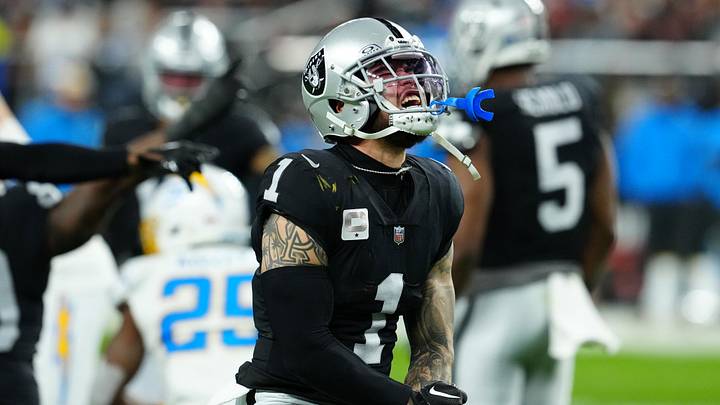 Dec 14, 2023; Paradise, Nevada, USA; Las Vegas Raiders safety Marcus Epps (1) reacts after forcing a Dec 14, 2023; Paradise, Nevada, USA; Las Vegas Raiders safety Marcus Epps (1) reacts after forcing a