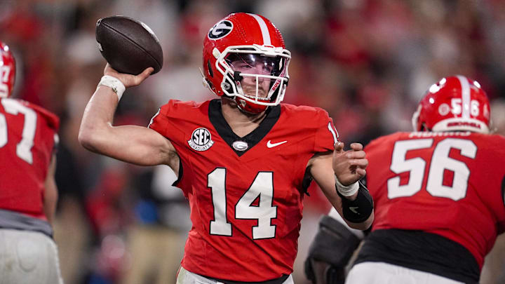 Nov 15, 2025; Athens, Georgia, USA; Georgia Bulldogs quarterback Gunner Stockton (14) throws a pass in the second half against the Texas Longhorns at Sanford Stadium. Mandatory Credit: Dale Zanine-Imagn Images