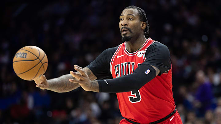 Jan 2, 2024; Philadelphia, Pennsylvania, USA; Chicago Bulls center Andre Drummond (3) passes