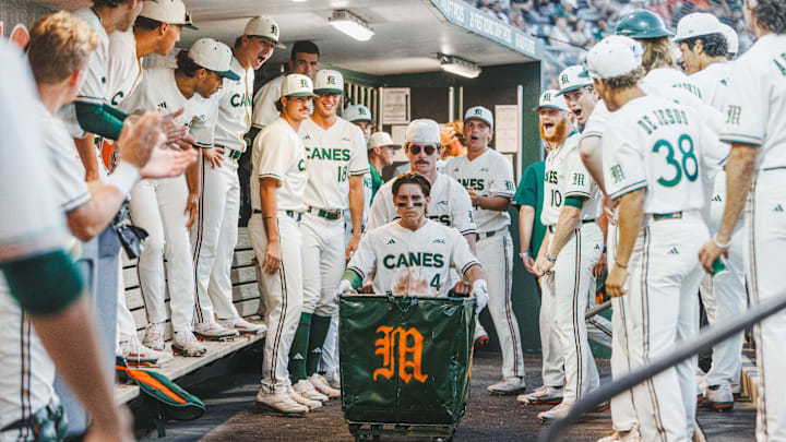 The Miami Hurricanes Baseball team celebrates a victory against Notre Dame The Miami Hurricanes Baseball team celebrates a victory against Notre Dame
