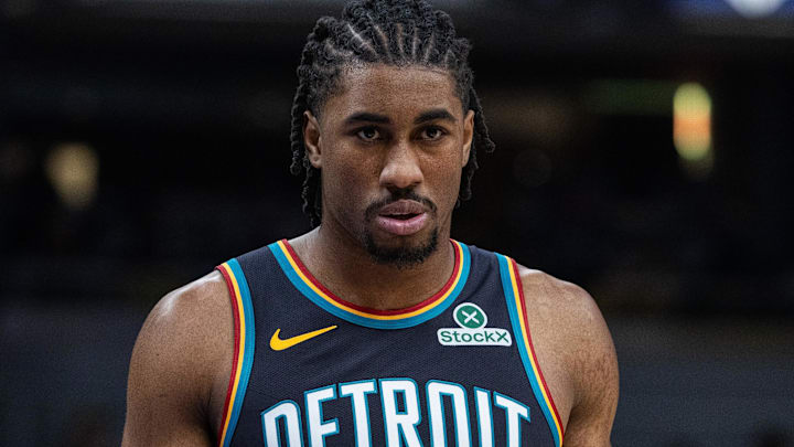 Nov 24, 2025; Indianapolis, Indiana, USA; Detroit Pistons guard Jaden Ivey (23) in the first half against the Indiana Pacers at Gainbridge Fieldhouse. Mandatory Credit: Trevor Ruszkowski-Imagn Images