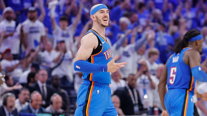 May 28, 2025; Oklahoma City, Oklahoma, USA; Oklahoma City Thunder guard Alex Caruso (9) celebrates against the Minnesota Timberwolves in the fourth quarter during Game 5 of the Western Conference Finals at Paycom Center. May 28, 2025; Oklahoma City, Oklahoma, USA; Oklahoma City Thunder guard Alex Caruso (9) celebrates against the Minnesota Timberwolves in the fourth quarter during Game 5 of the Western Conference Finals at Paycom Center.