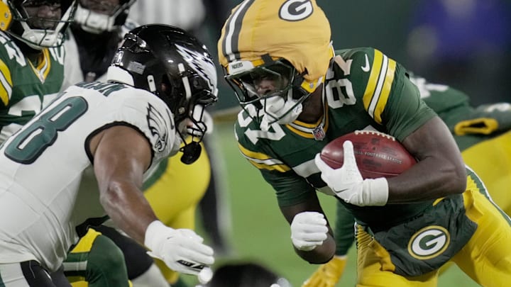Green Bay Packers wide receiver Romeo Doubs (87) returns a punt during the second quarter of their game against the Philadelphia Eagles Monday, November 10, 2025 at Lambeau Field in Green Bay, Wisconsin.