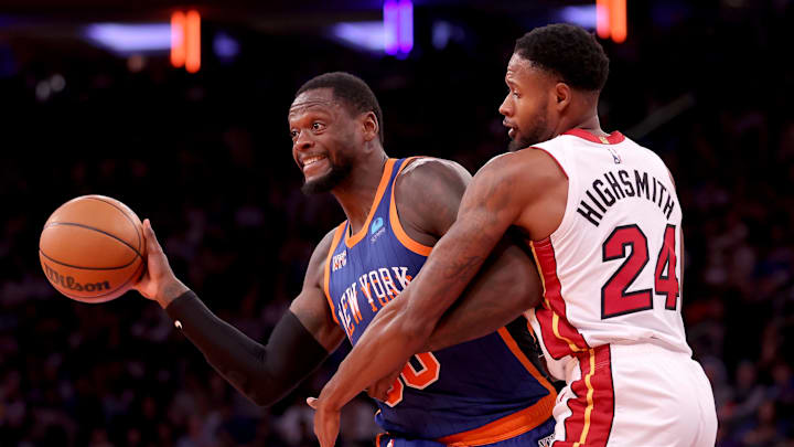 Nov 24, 2023; New York, New York, USA; New York Knicks forward Julius Randle (30) looks to pass the ball against Miami Heat forward Haywood Highsmith (24) during the third quarter at Madison Square Garden. Mandatory Credit: Brad Penner-Imagn Images