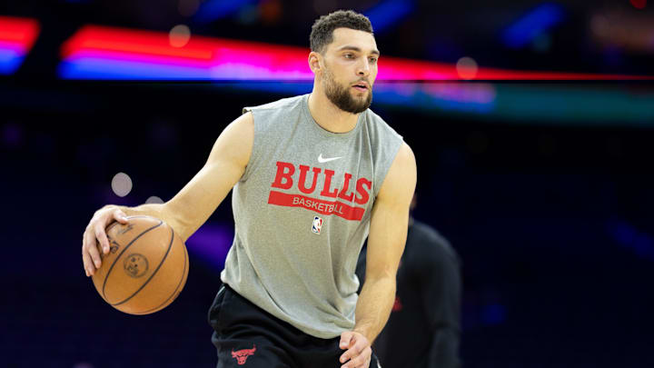 Dec 18, 2023; Philadelphia, Pennsylvania, USA; Chicago Bulls guard Zach LaVine before a game against the Philadelphia 76ers.