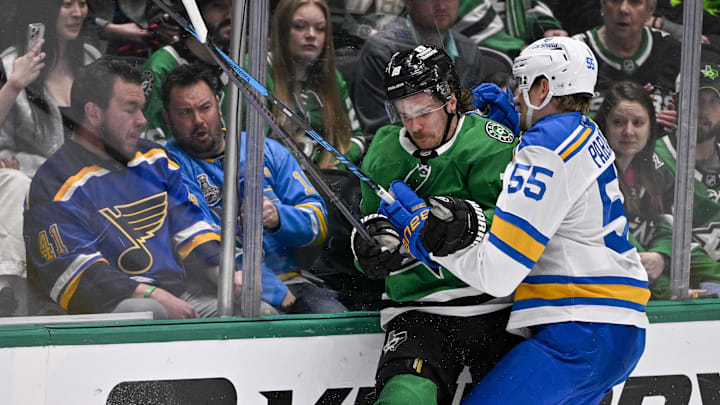 Feb 4, 2026; Dallas, Texas, USA; St. Louis Blues defenseman Colton Parayko (55) checks Dallas Stars center Sam Steel (18) during the third period at the American Airlines Center. Mandatory Credit: Jerome Miron-Imagn Images Feb 4, 2026; Dallas, Texas, USA; St. Louis Blues defenseman Colton Parayko (55) checks Dallas Stars center Sam Steel (18) during the third period at the American Airlines Center. Mandatory Credit: Jerome Miron-Imagn Images