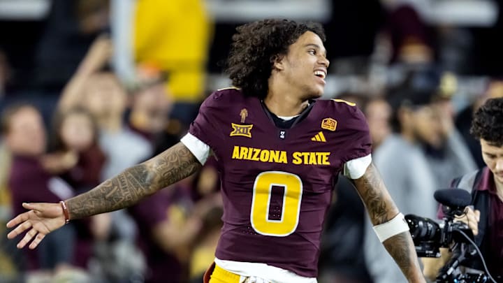Nov 28, 2025; Tempe, Arizona, USA; Arizona State Sun Devils wide receiver Jordyn Tyson (0) against the Arizona Wildcats during the 99th Territorial Cup at Mountain America Stadium. Mandatory Credit: Mark J. Rebilas-Imagn Images