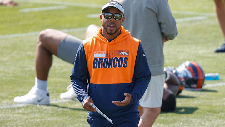 Denver Broncos defensive backs coach Christian Parker during training camp at UCHealth Training Complex. Denver Broncos defensive backs coach Christian Parker during training camp at UCHealth Training Complex.