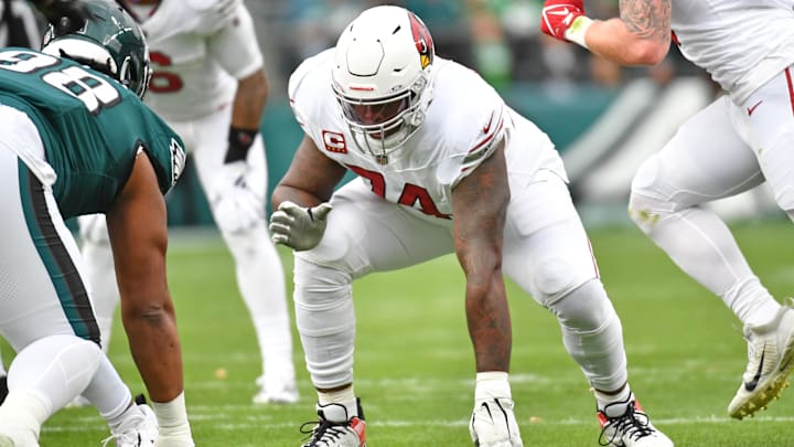 Dec 31, 2023; Philadelphia, Pennsylvania, USA; Arizona Cardinals offensive tackle D.J. Humphries (74) against the Philadelphia Eagles at Lincoln Financial Field. Mandatory Credit: Eric Hartline-Imagn Images