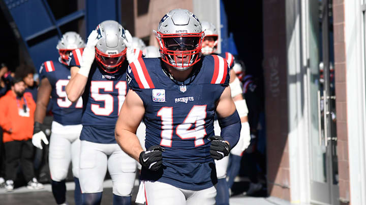 Oct 26, 2025; Foxborough, Massachusetts, USA; New England Patriots linebacker Robert Spillane (14) walks to the field prior to a game against the Cleveland Browns at Gillette Stadium. Mandatory Credit: Bob DeChiara-Imagn Images
