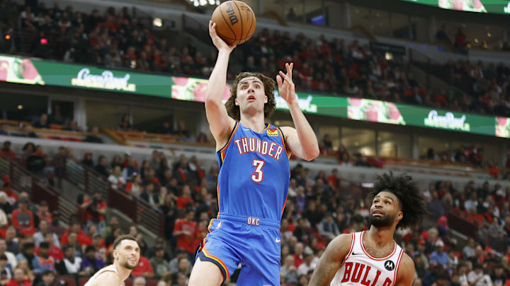 Oct 25, 2023; Chicago, Illinois, USA; Oklahoma City Thunder guard Josh Giddey (3) shoots against the Chicago Bulls during the second half of a basketball game at United Center. Mandatory Credit: Kamil Krzaczynski-USA TODAY Sports