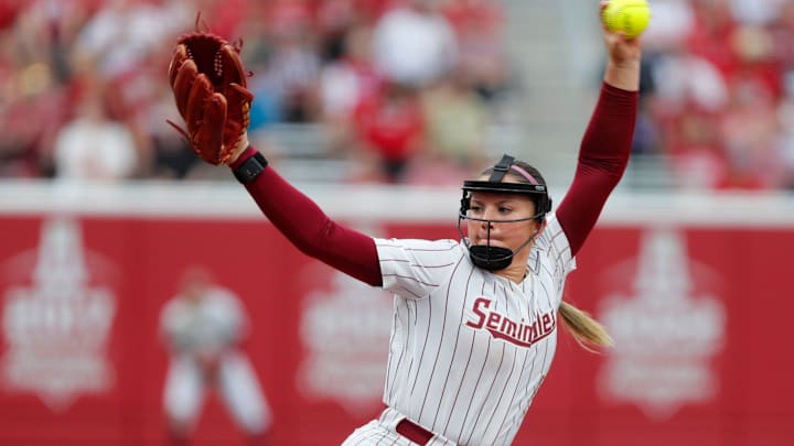 Florida State's Ashtyn Danley (11) pitches during a softball game between the Oklahoma Sooners (OU) and the Florida State Seminoles during the first game of the Norman Super Regional in the NCAA Tournament, Thursday, May 23, 2024. Oklahoma won on a run rule 11-3.