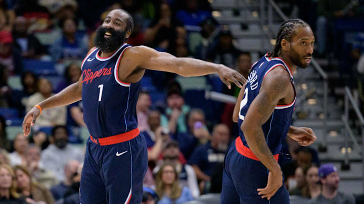 Los Angeles Clippers forward Kawhi Leonard (2) and Los Angeles Clippers guard James Harden (1)